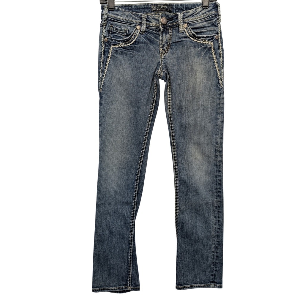 Silver Jeans Co Aiko Low Straight Jeans Womens 25x30 Blue Embroidered